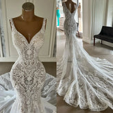 Chic V-neck Sleeveless Long Mermaid Wedding Dress With Lace and Train-27dress